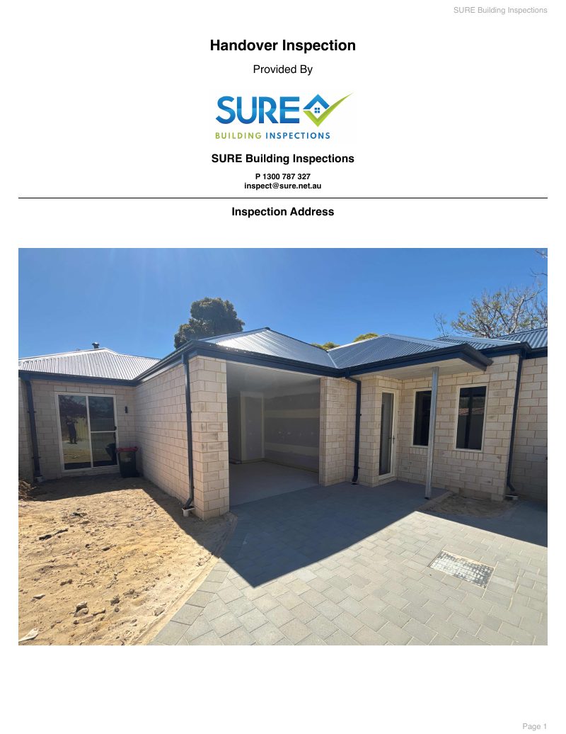First page of a real SURE handover inspection (double brick) report