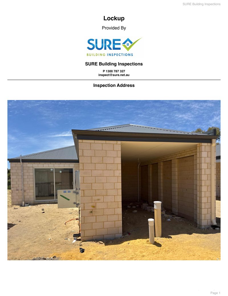 First page of a real SURE lock up inspection (brick veneer / timber frame) report