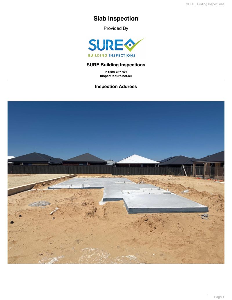 First page of a real SURE concrete slab inspection (double brick) report