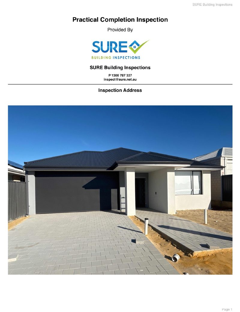 First page of a real SURE new build practical completion inspection report