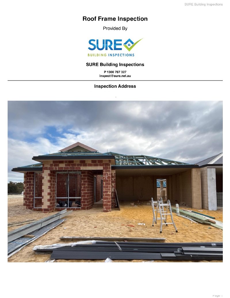First page of a real SURE frame inspection (brick veneer / timber frame) report