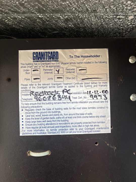 Absence of Termite Management Plan — real termite defect photographed in a SURE Building Inspections report